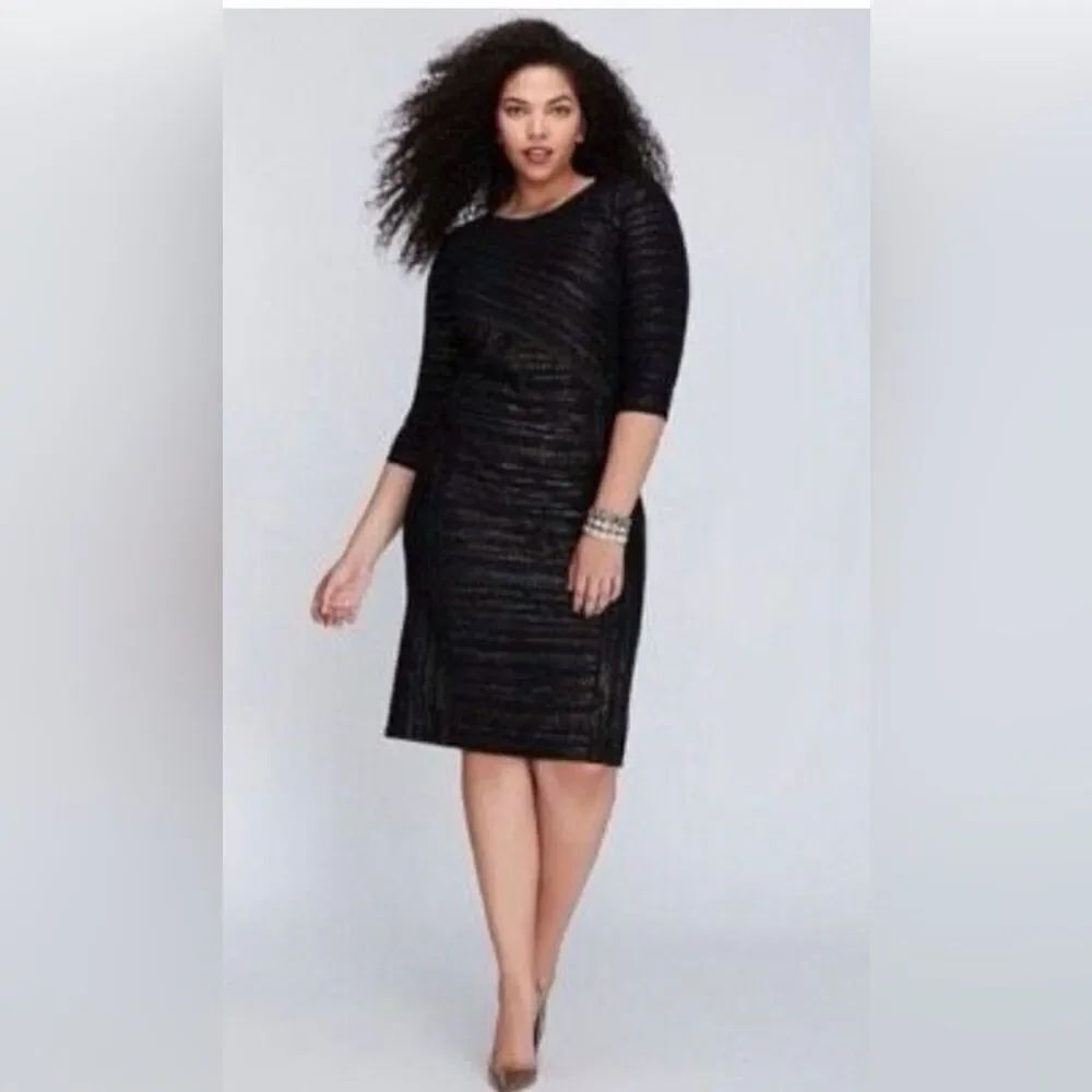 Lane Bryant Size 18W Half Sleeve Texture Sheath Dress Metallic Black Silver Gold